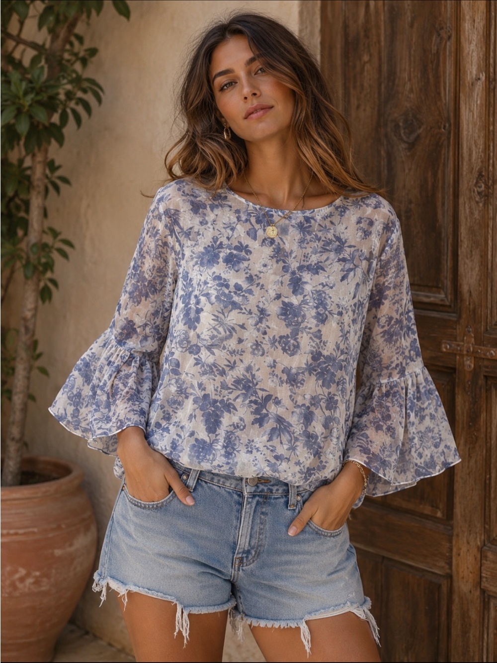 Viola Borghi 100% Silk Floral Bell Sleeved Sheer Overlay 3/4 Sleeve Top Size M